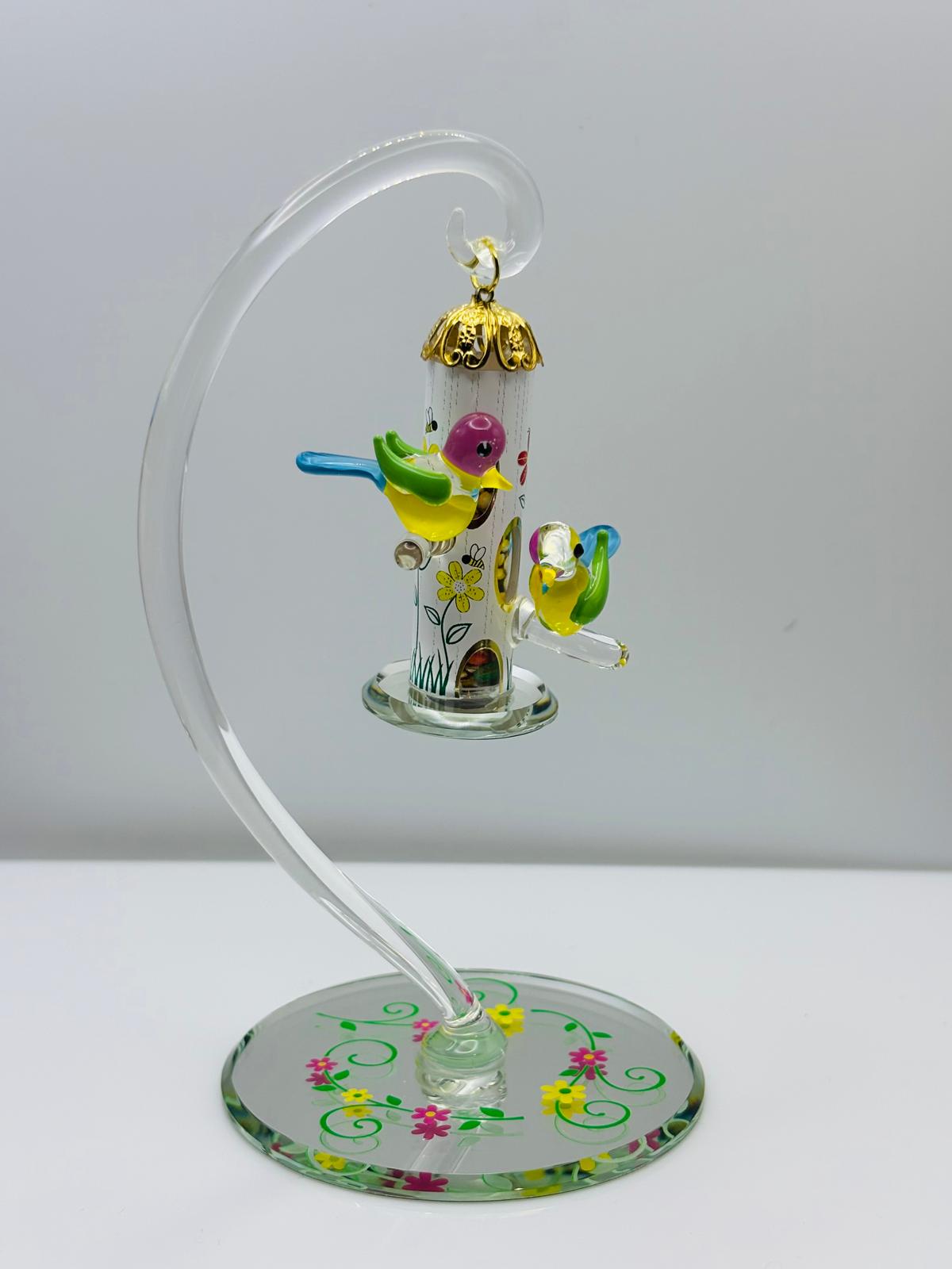 Bird Feeder Glass Figurine Hand Painted Birds on Hanging Feeder Decor