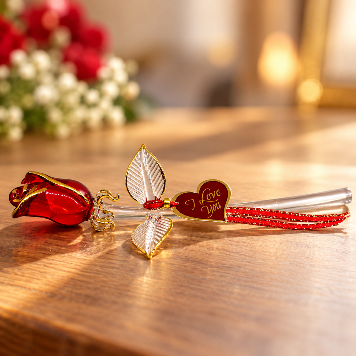Handcrafted closed red rose with I Love You heart message and red and gold ribbon