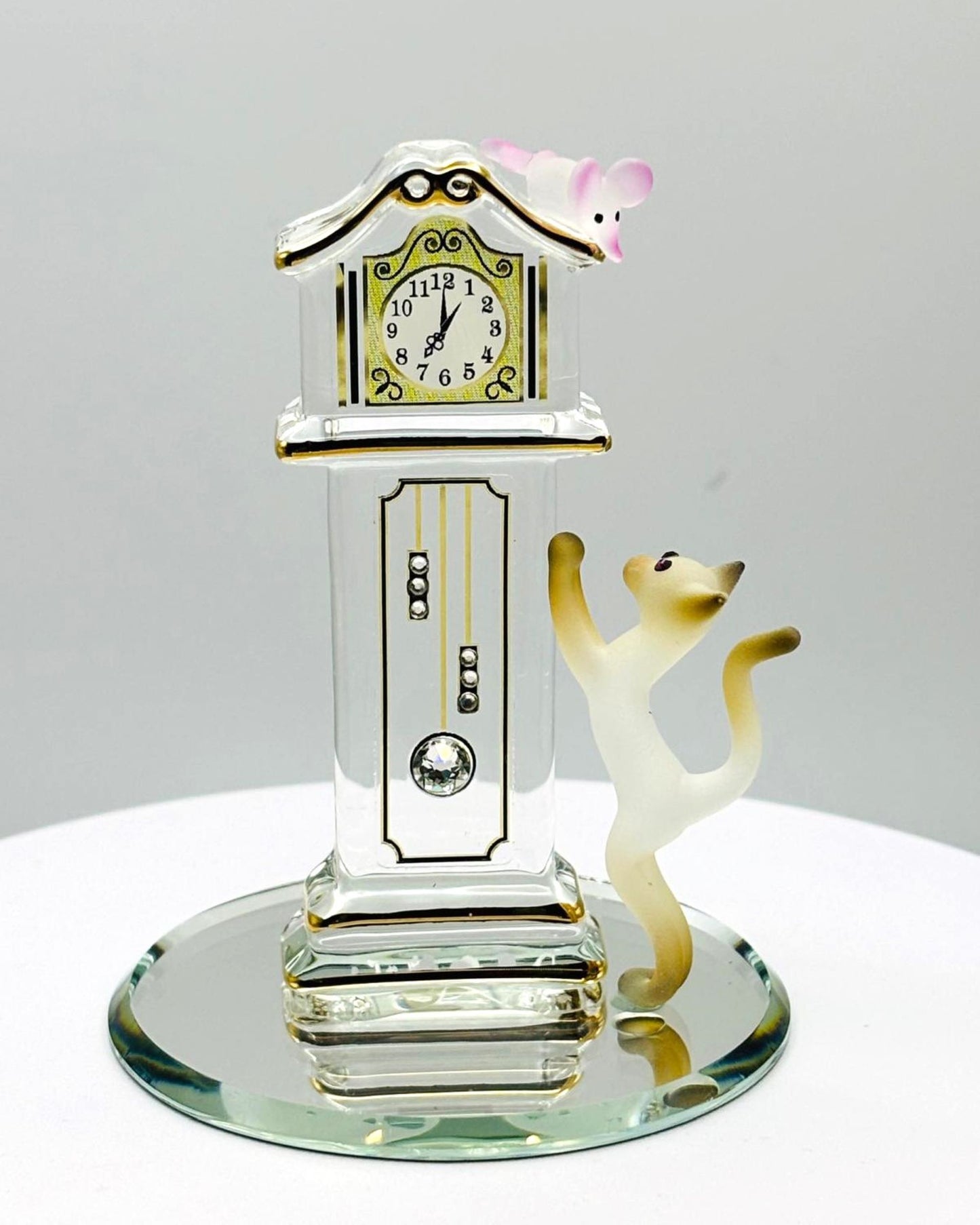 Hickory Dickory Clock Cat Figurine Handcrafted Cat and Mouse Glass Clock Decor