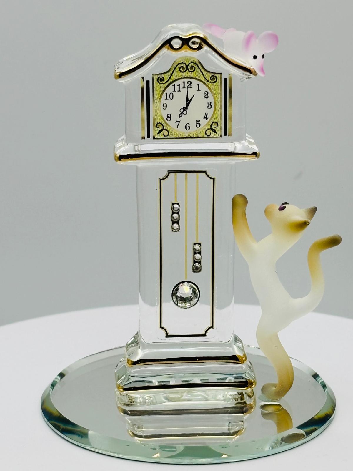 Hickory Dickory Clock Cat Figurine Handcrafted Cat and Mouse Glass Clock Decor