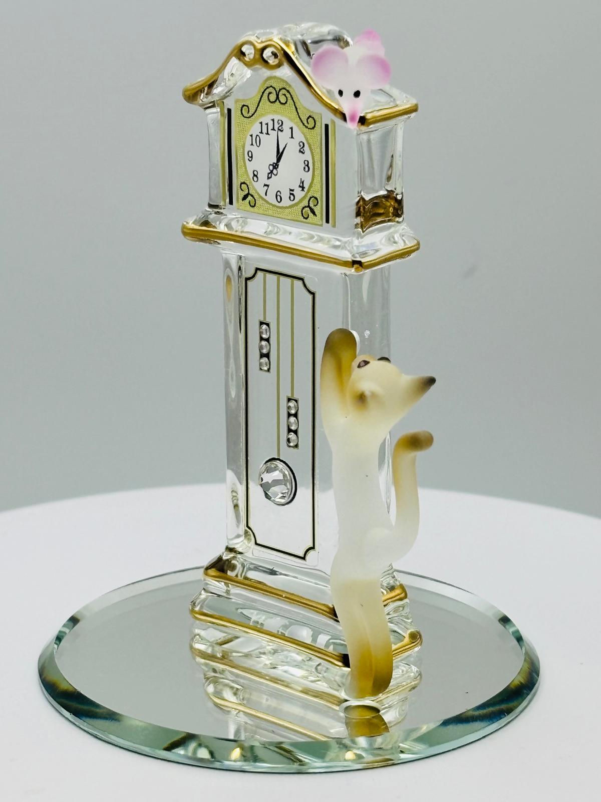 Hickory Dickory Clock Cat Figurine Handcrafted Cat and Mouse Glass Clock Decor