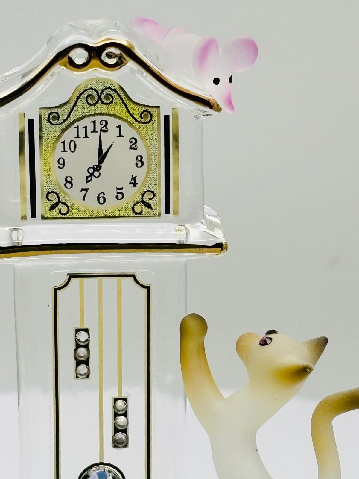 Hickory Dickory Clock Cat Figurine Handcrafted Cat and Mouse Glass Clock Decor