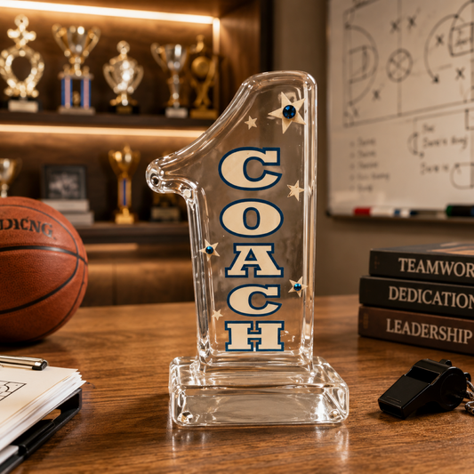 Handcrafted glass coach pencil holder with blue COACH lettering, crystal accents, and star design for coach appreciation gift