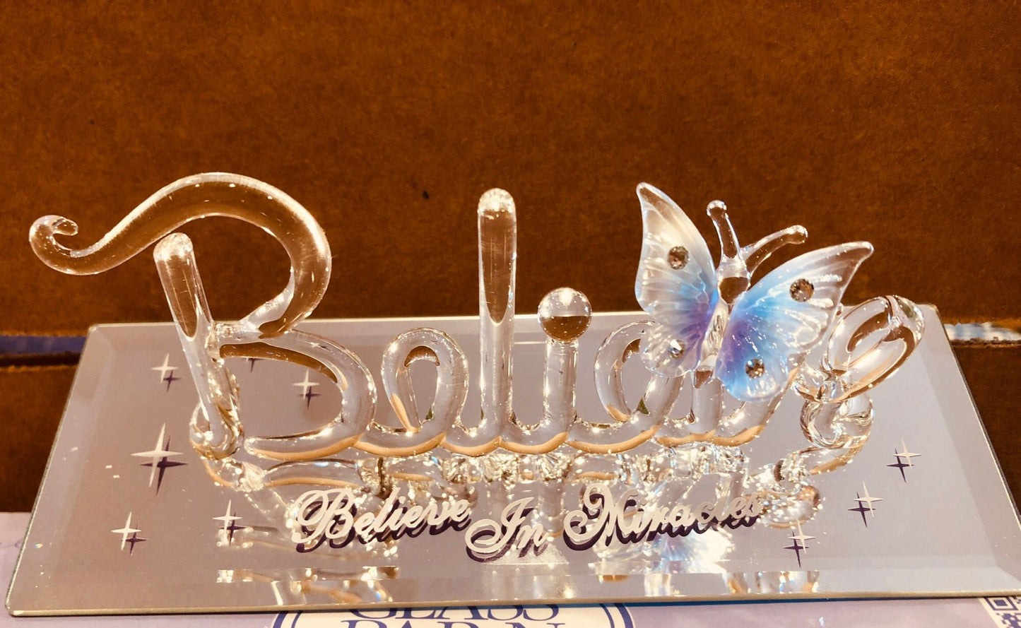 Believe in Miracles Glass Figurine Inspirational Decor Butterfly Accent Spiritual Gift Positive Home Display