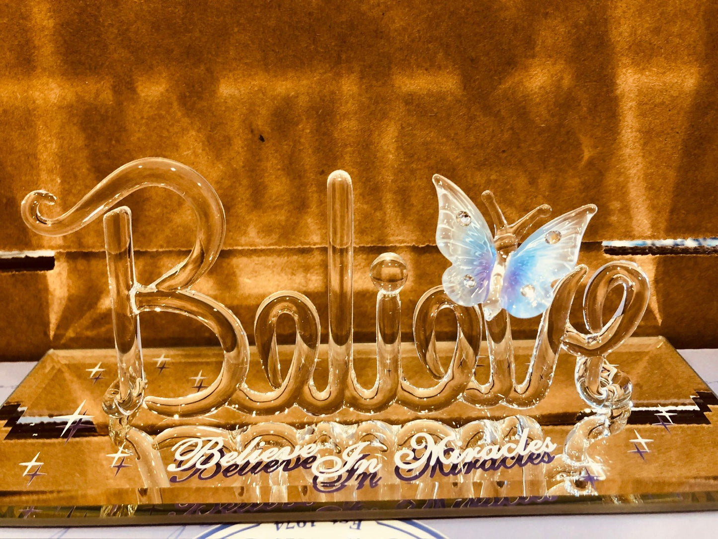 Believe in Miracles Glass Figurine Inspirational Decor Butterfly Accent Spiritual Gift Positive Home Display