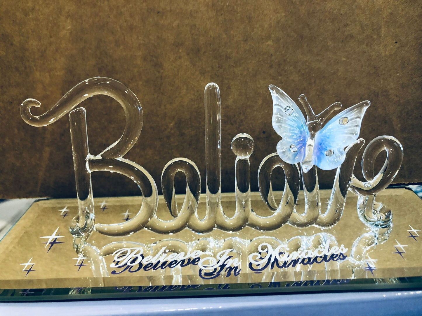 Believe in Miracles Glass Figurine Inspirational Decor Butterfly Accent Spiritual Gift Positive Home Display