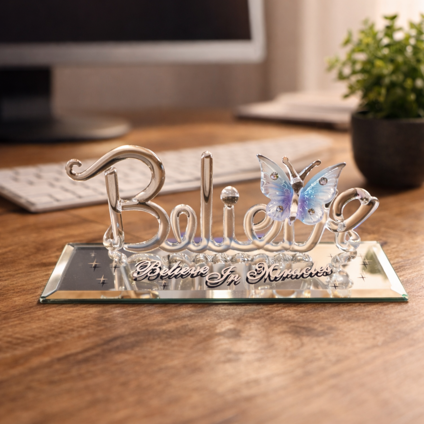 Believe in Miracles Glass Figurine Inspirational Decor Butterfly Accent Spiritual Gift Positive Home Display