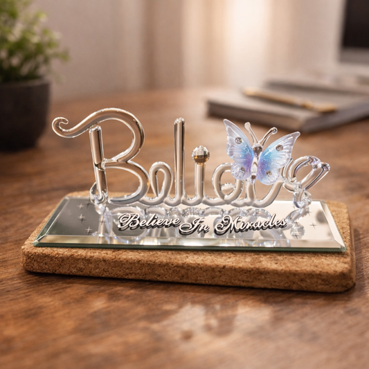 believe in miracles glass figurine butterfly inspirational decor mirrored base positive affirmation display