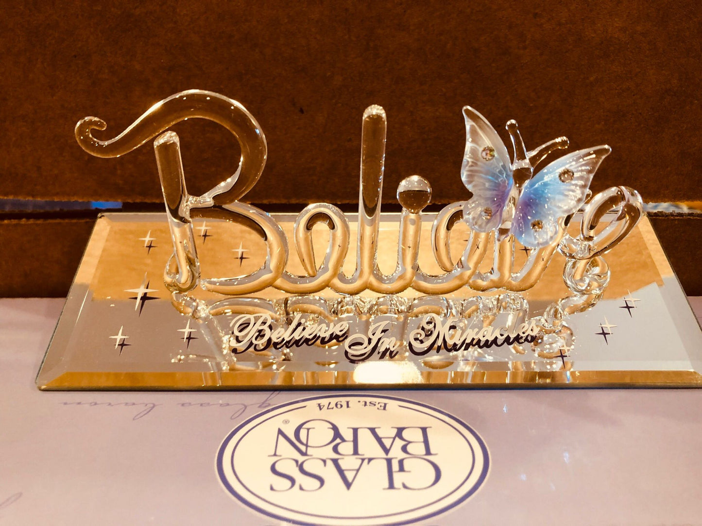 Believe in Miracles Glass Figurine Inspirational Decor Butterfly Accent Spiritual Gift Positive Home Display