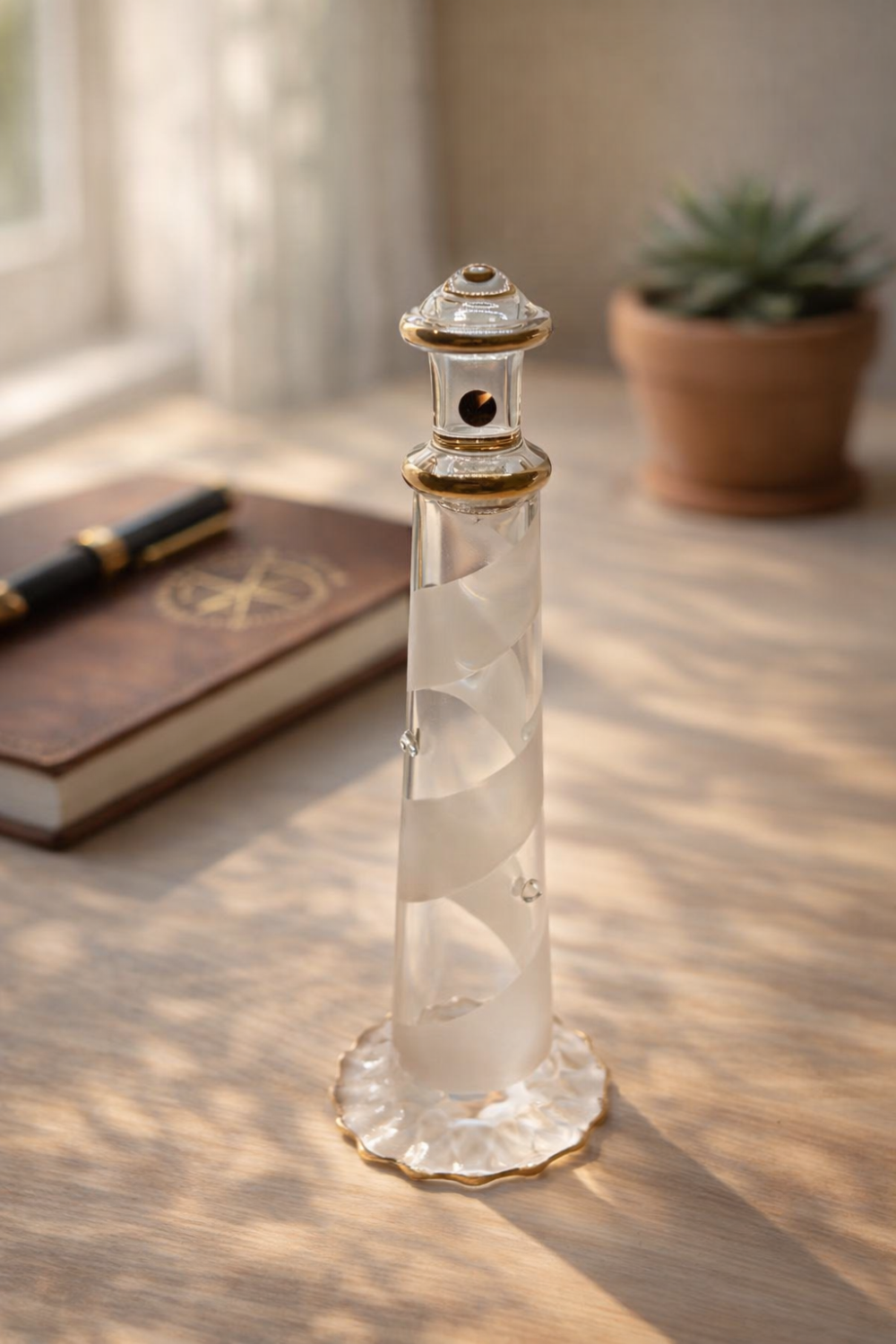 Glass Lighthouse Figurine | Handcrafted Coastal Decor with Crystal Accents