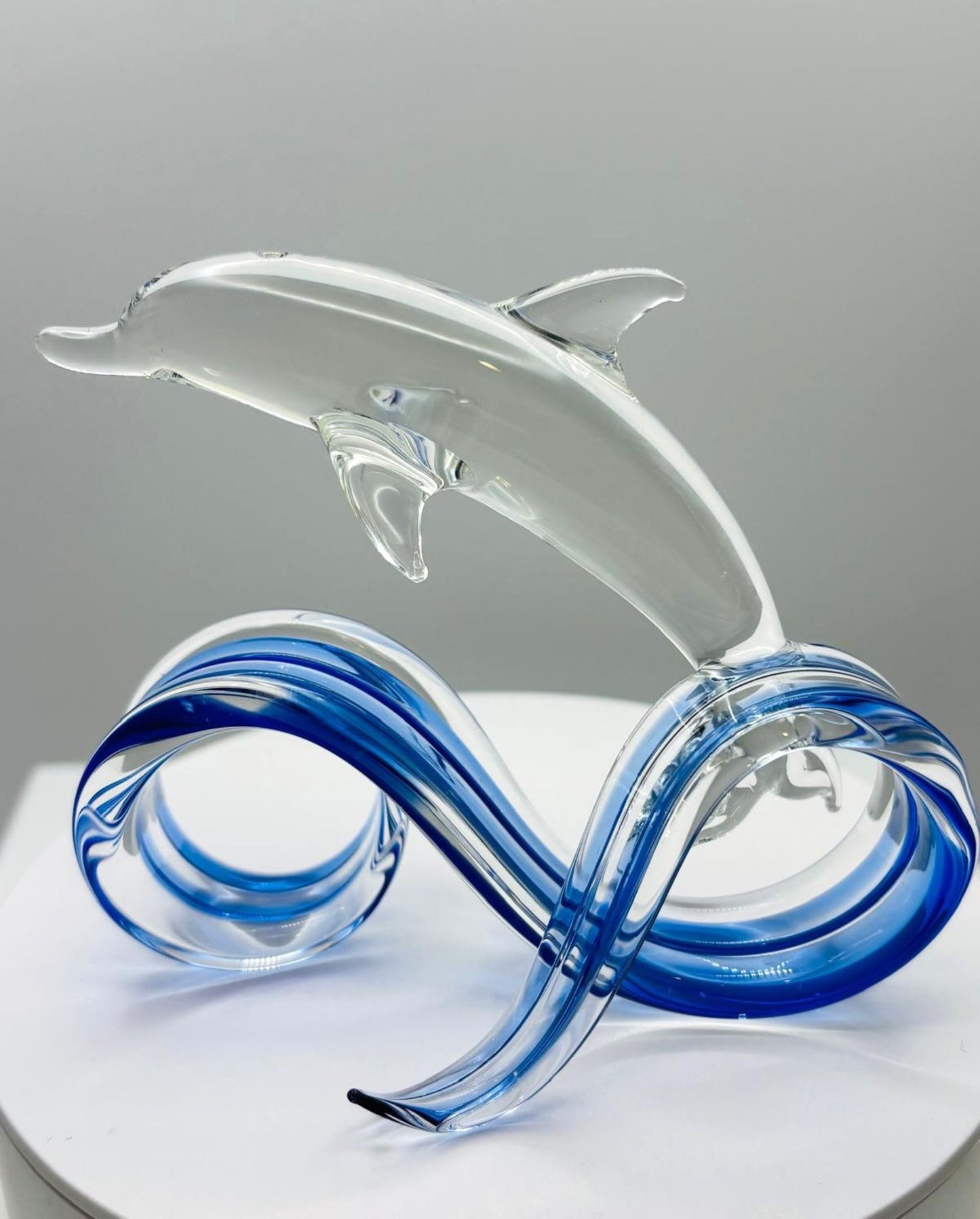 Blue Wave Dolphin Glass Sculpture Handcrafted Coastal Ocean Decor