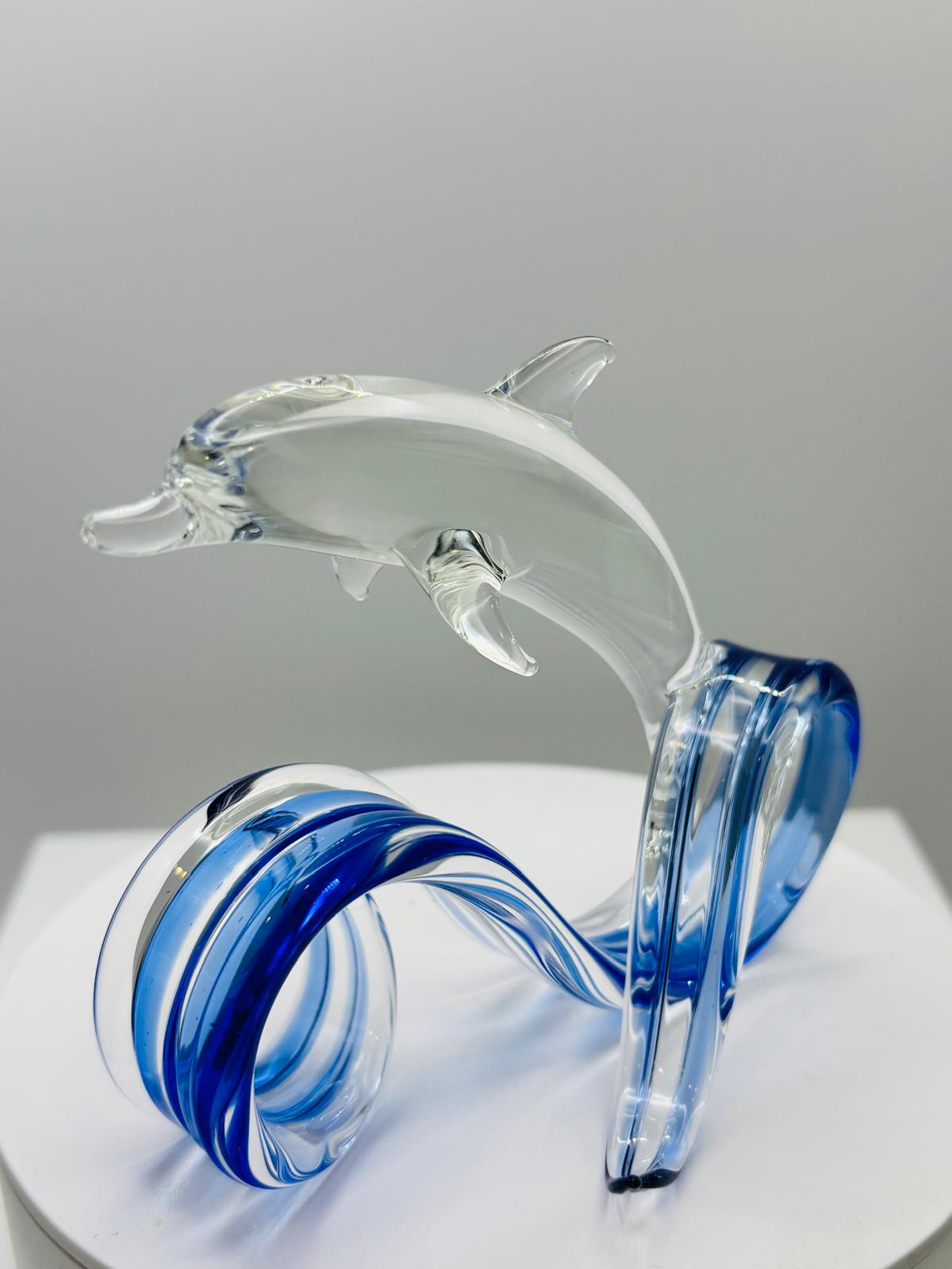 Blue Wave Dolphin Glass Sculpture Handcrafted Coastal Ocean Decor