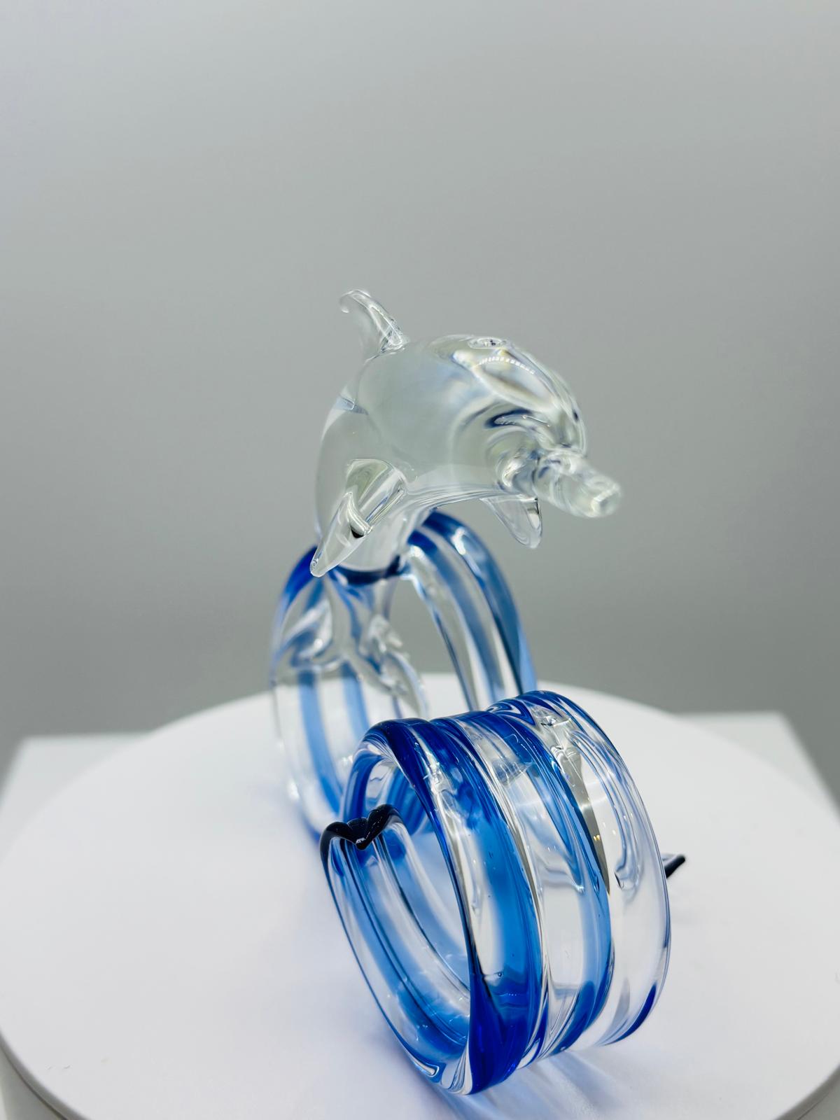 Blue Wave Dolphin Glass Sculpture Handcrafted Coastal Ocean Decor