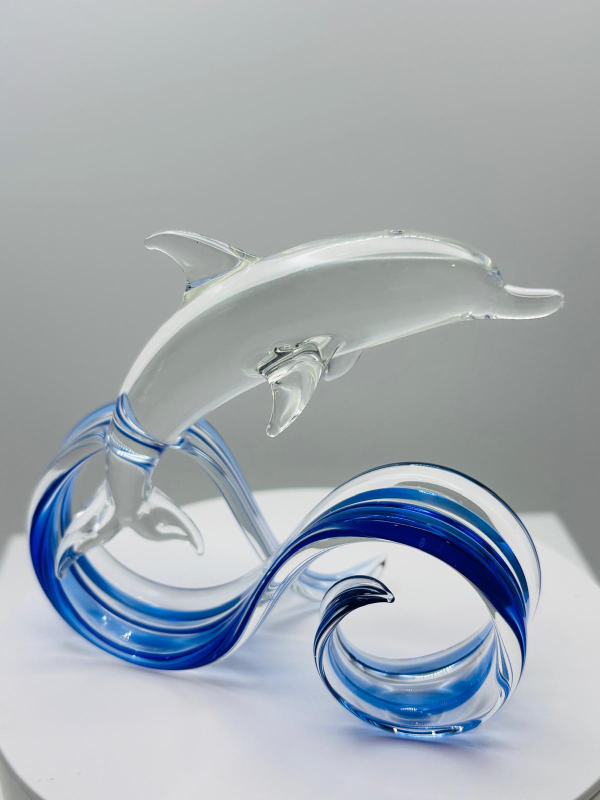 Blue Wave Dolphin Glass Sculpture Handcrafted Coastal Ocean Decor