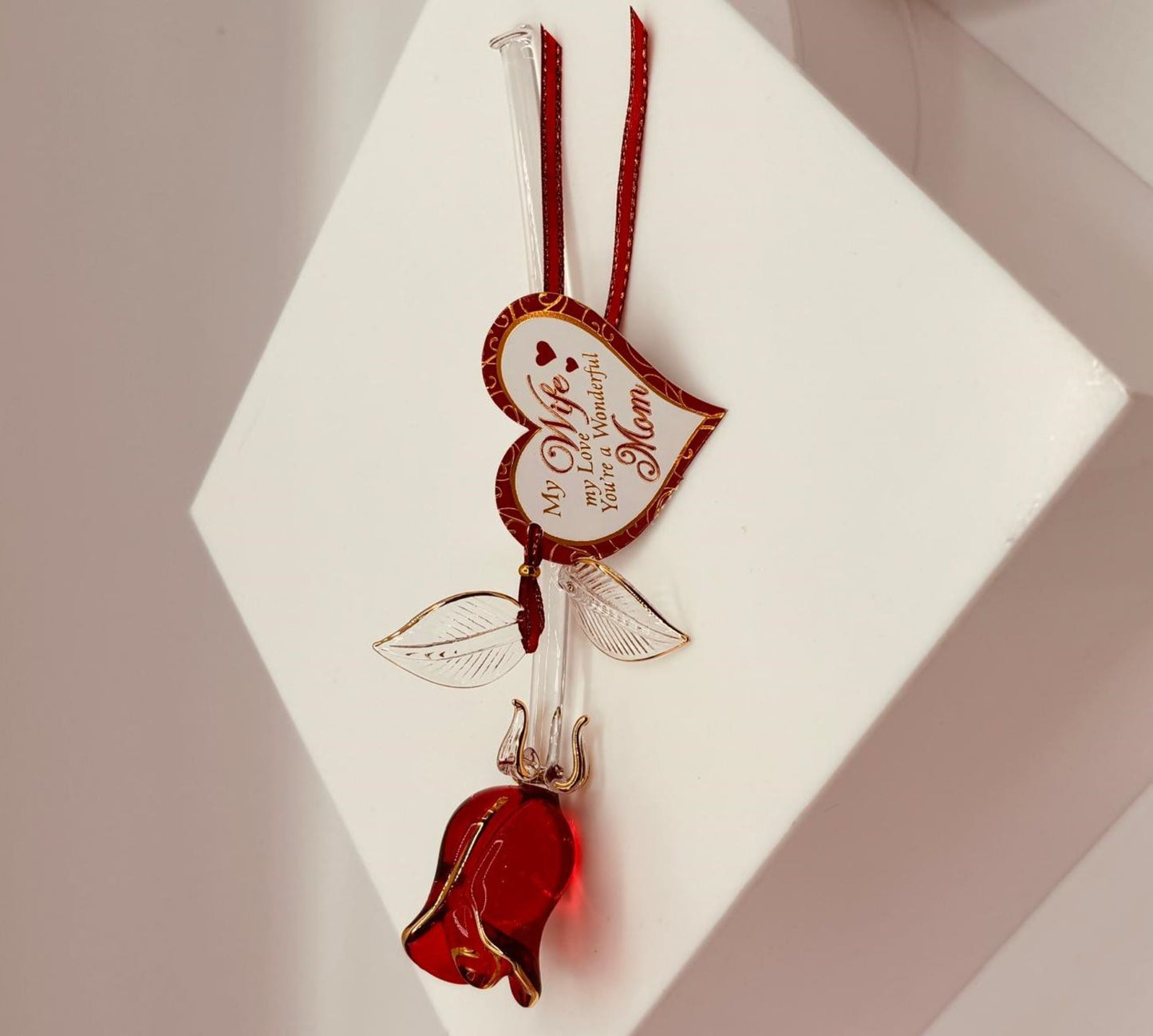 Red Rose “Wonderful Mom” Figurine | Wife Gift Glass Flower Décor