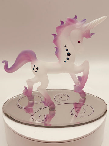 Handcrafted frosted glass unicorn on beveled mirror base with crystal accents