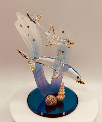 Double Dolphins Figurine Handcrafted Glass Ocean Decor