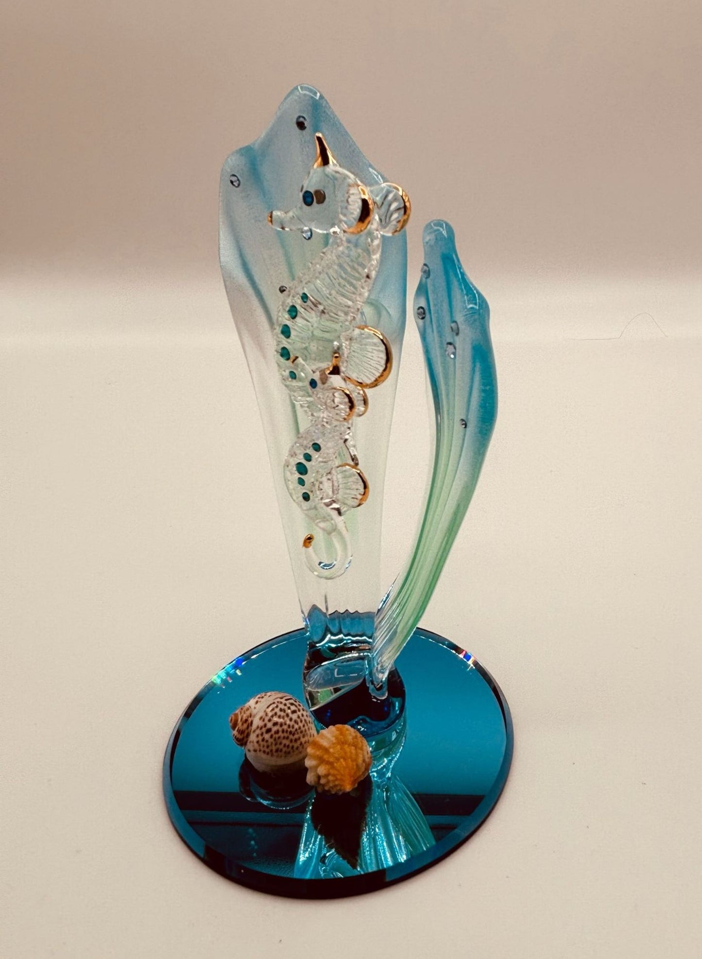 Sea Horses Glass Figurine | Handcrafted Coastal Ocean Decor with Blue Sea Grass