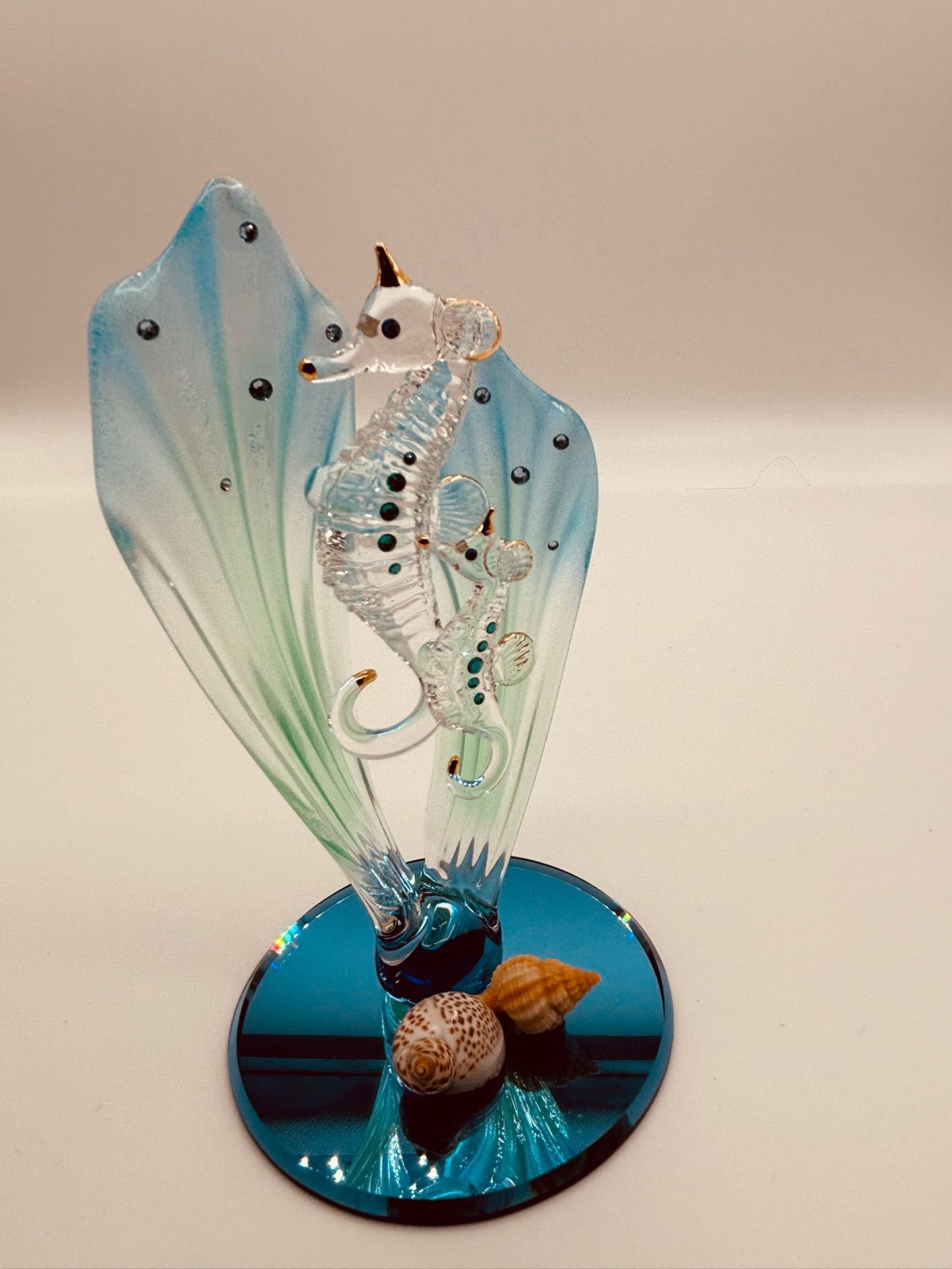Sea Horses Glass Figurine | Handcrafted Coastal Ocean Decor with Blue Sea Grass