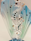 Sea Horses Glass Figurine | Handcrafted Coastal Ocean Decor with Blue Sea Grass
