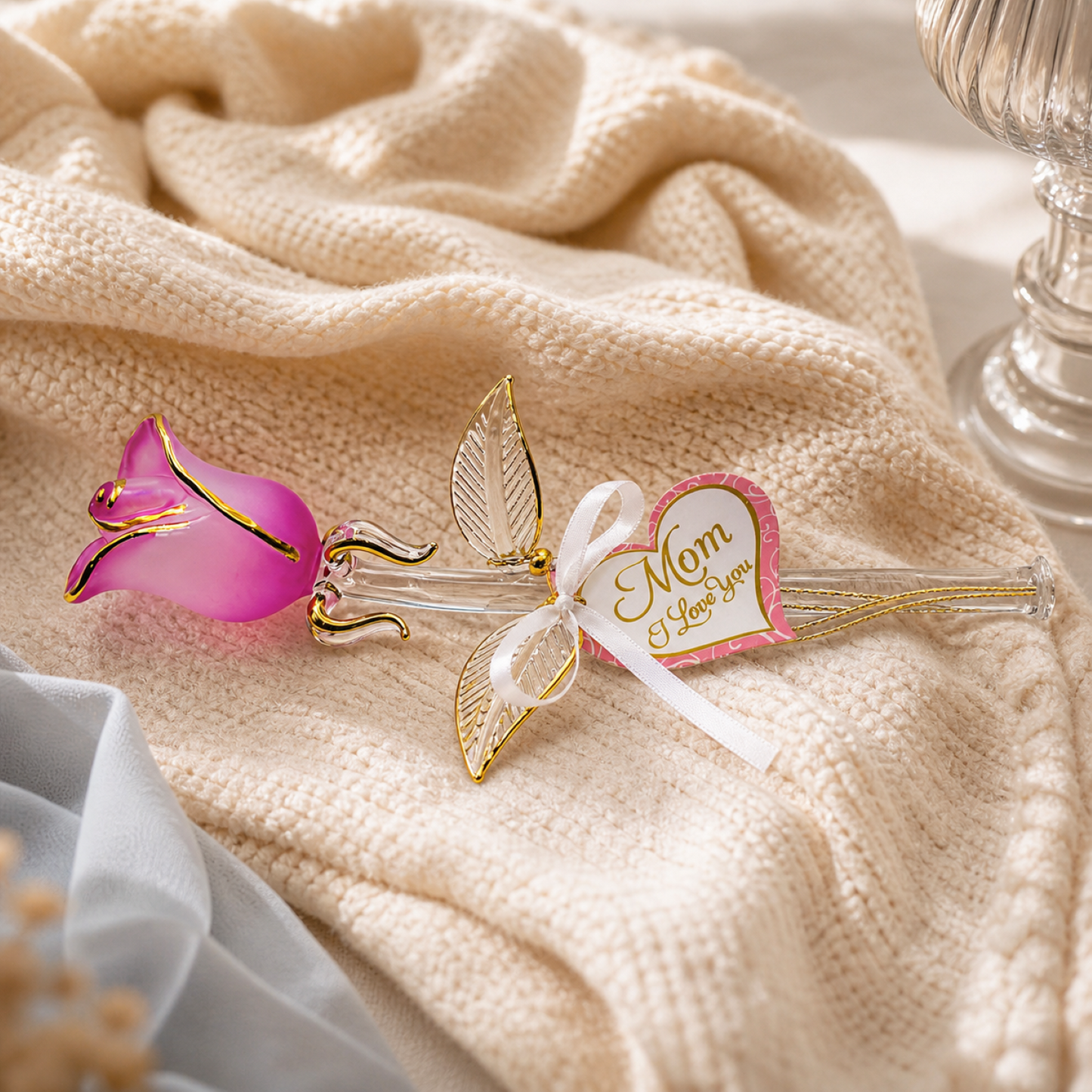 Pink Pearl Rose Figurine | Glass Stem Rose Collectible | Mother's Day Gift