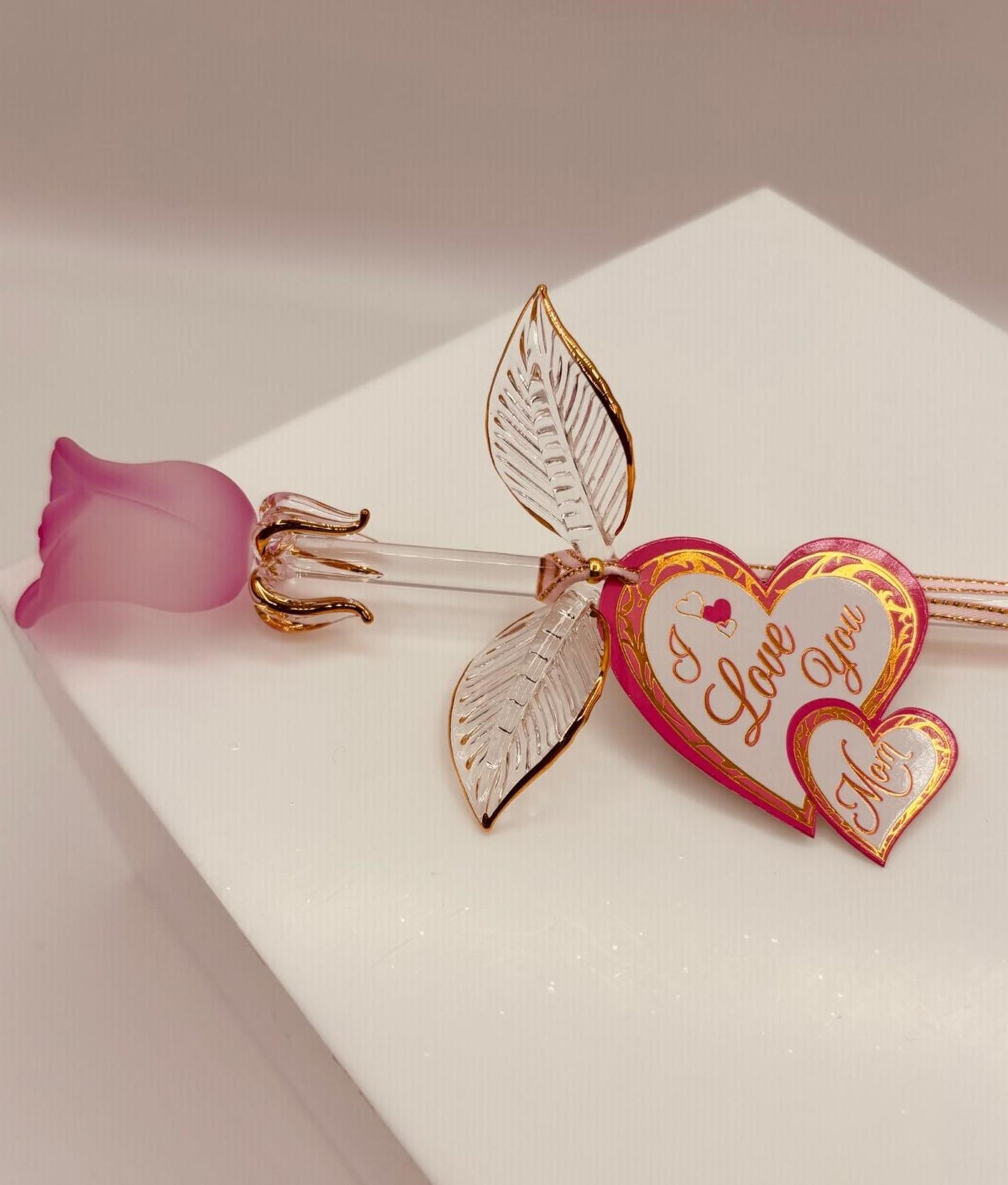 Handcrafted pink glass rose gift for mom with ribbon message