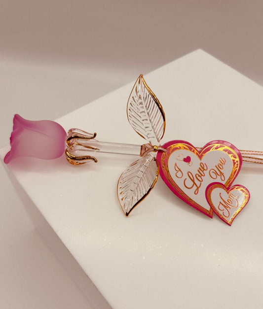 Handcrafted pink glass rose gift for mom with ribbon message