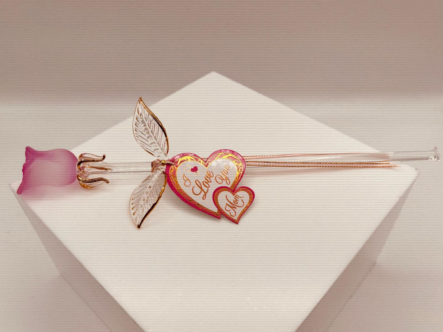 “I Love You Mom” Pink Rose Figurine | Glass Flower Mother’s Gift