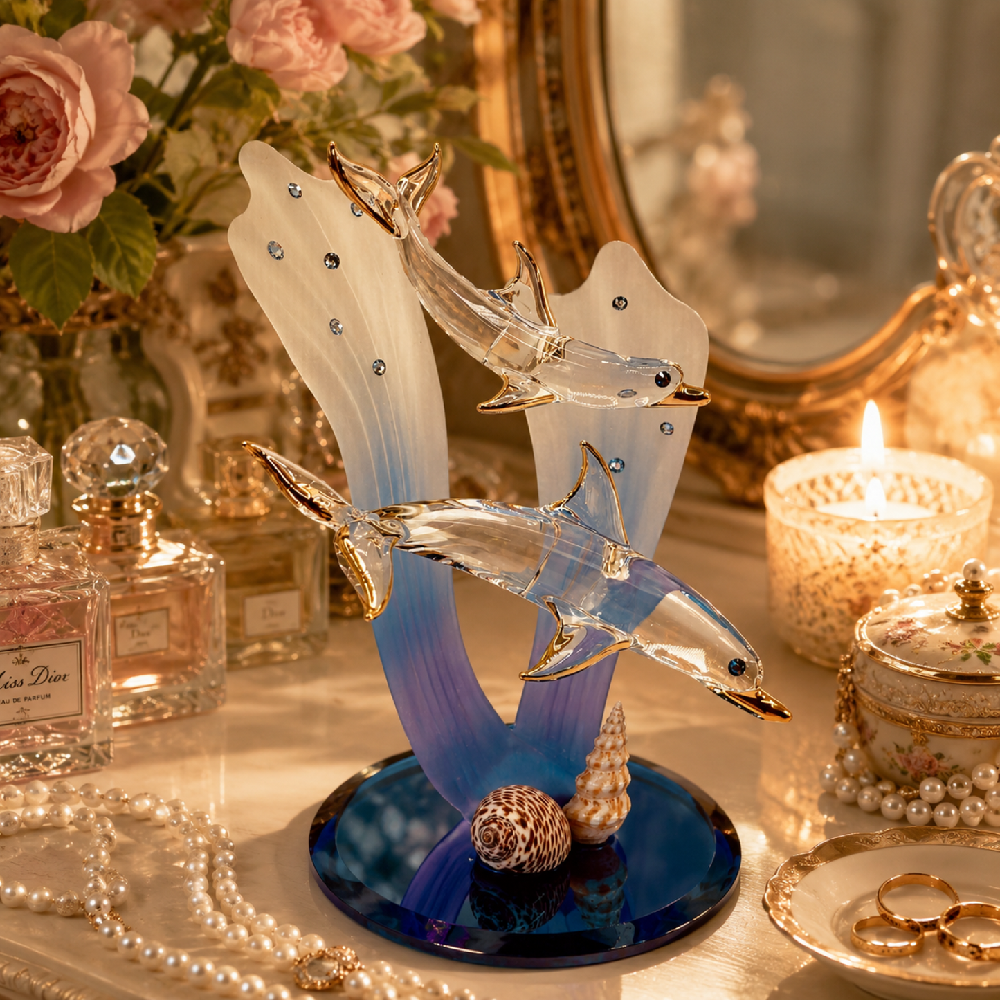 Mother Baby Dolphin Glass Figurine Gift | Coastal Ocean Home Decor Collectible