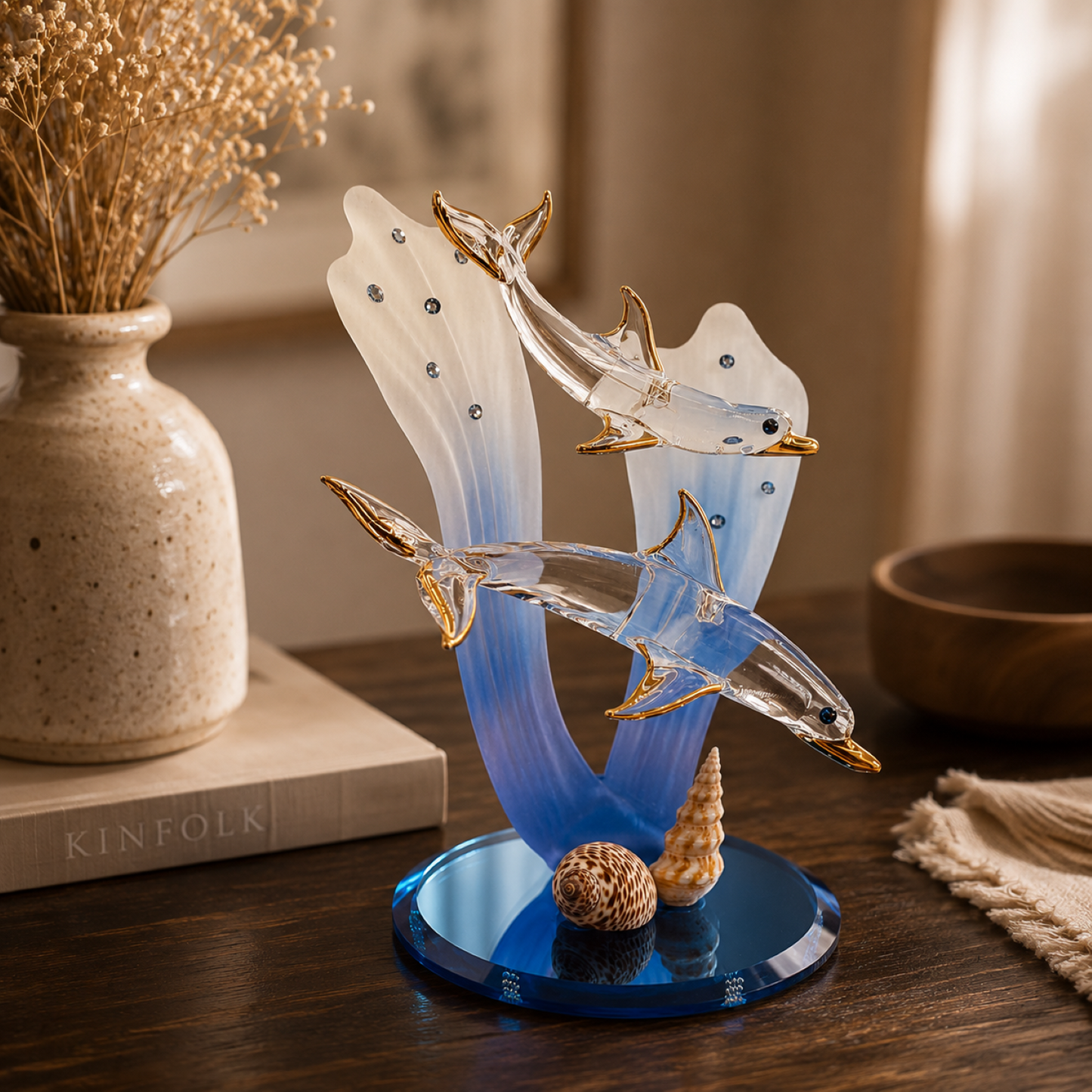 Mother Baby Dolphin Glass Figurine Gift | Coastal Ocean Home Decor Collectible