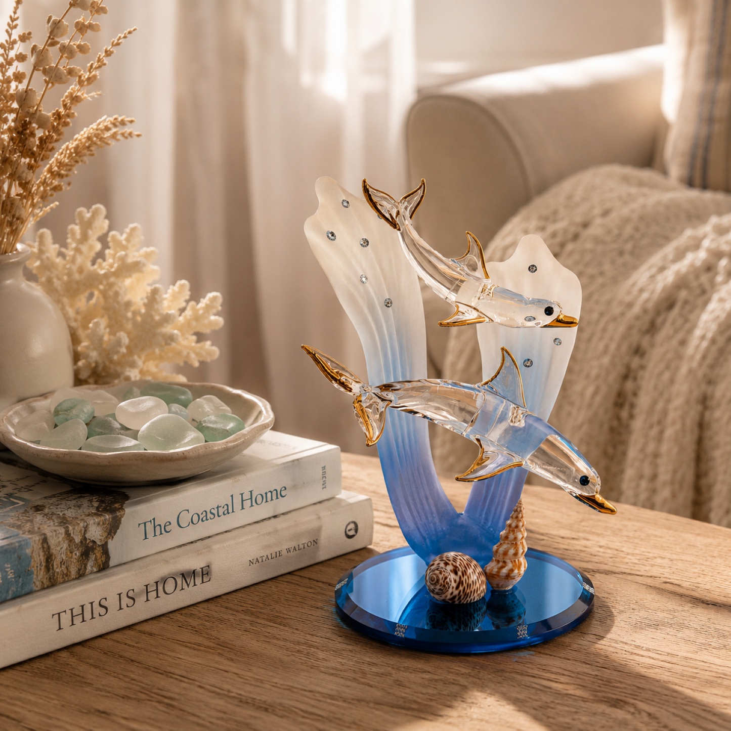 Mother Baby Dolphin Glass Figurine Gift | Coastal Ocean Home Decor Collectible
