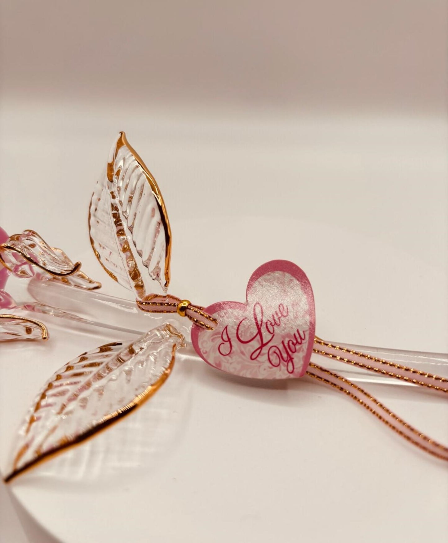 Peach and Gold Rose Glass Figurine | Romantic Gift with “I Love You” Message