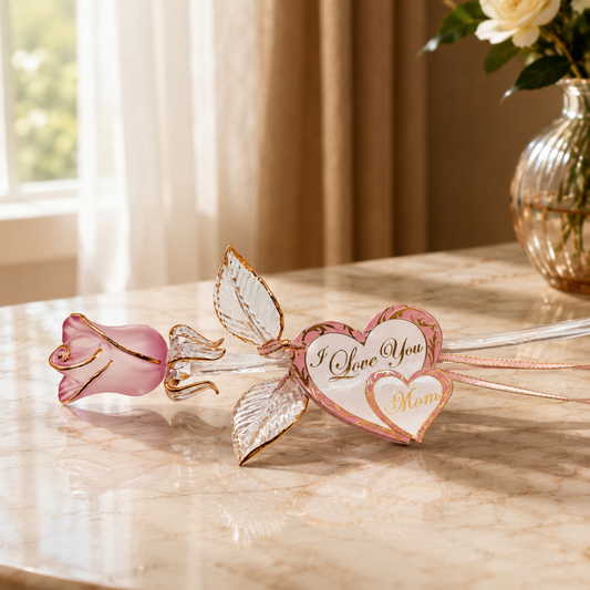 Pink handcrafted glass rose with I Love You Mom heart message and gold ribbon accent