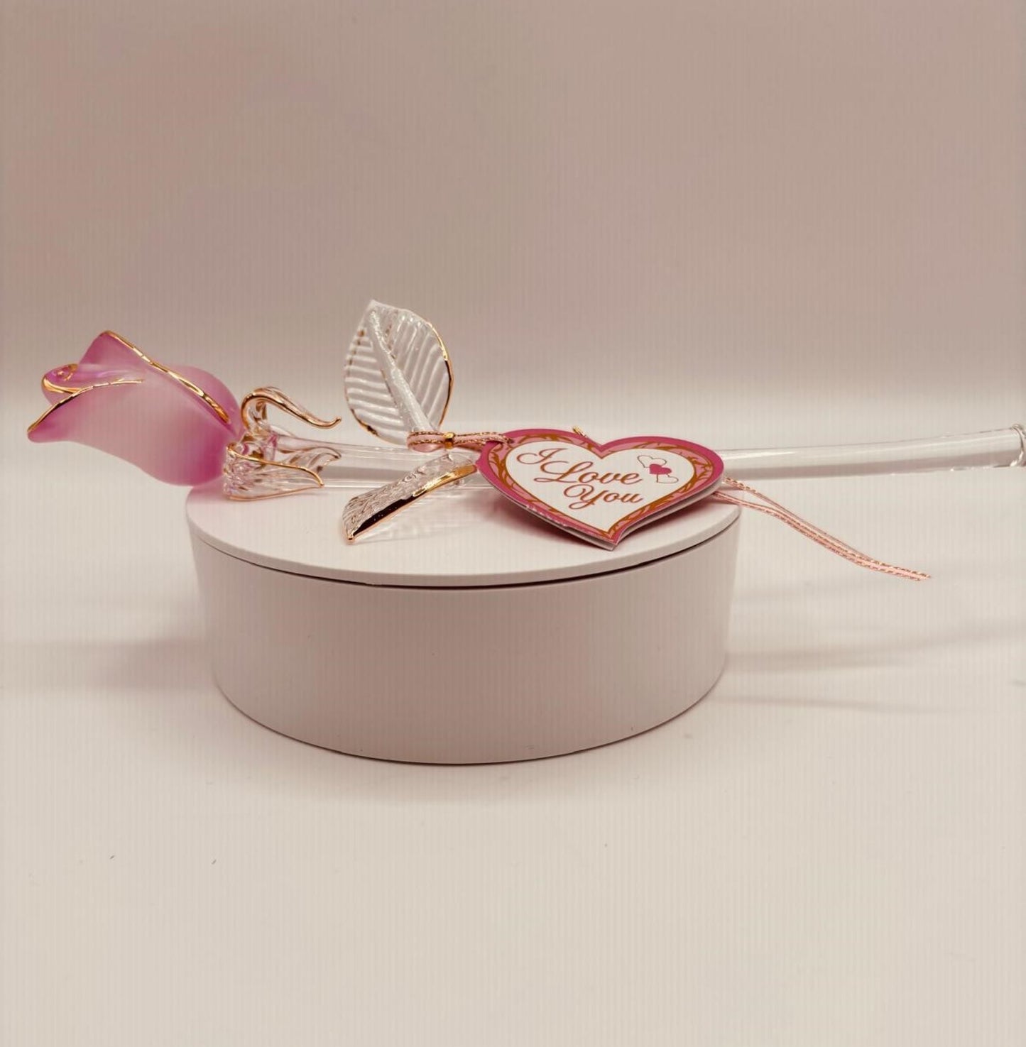 Pink Pearl Glass Rose Figurine | Romantic I Love You Gift with Heart Tag