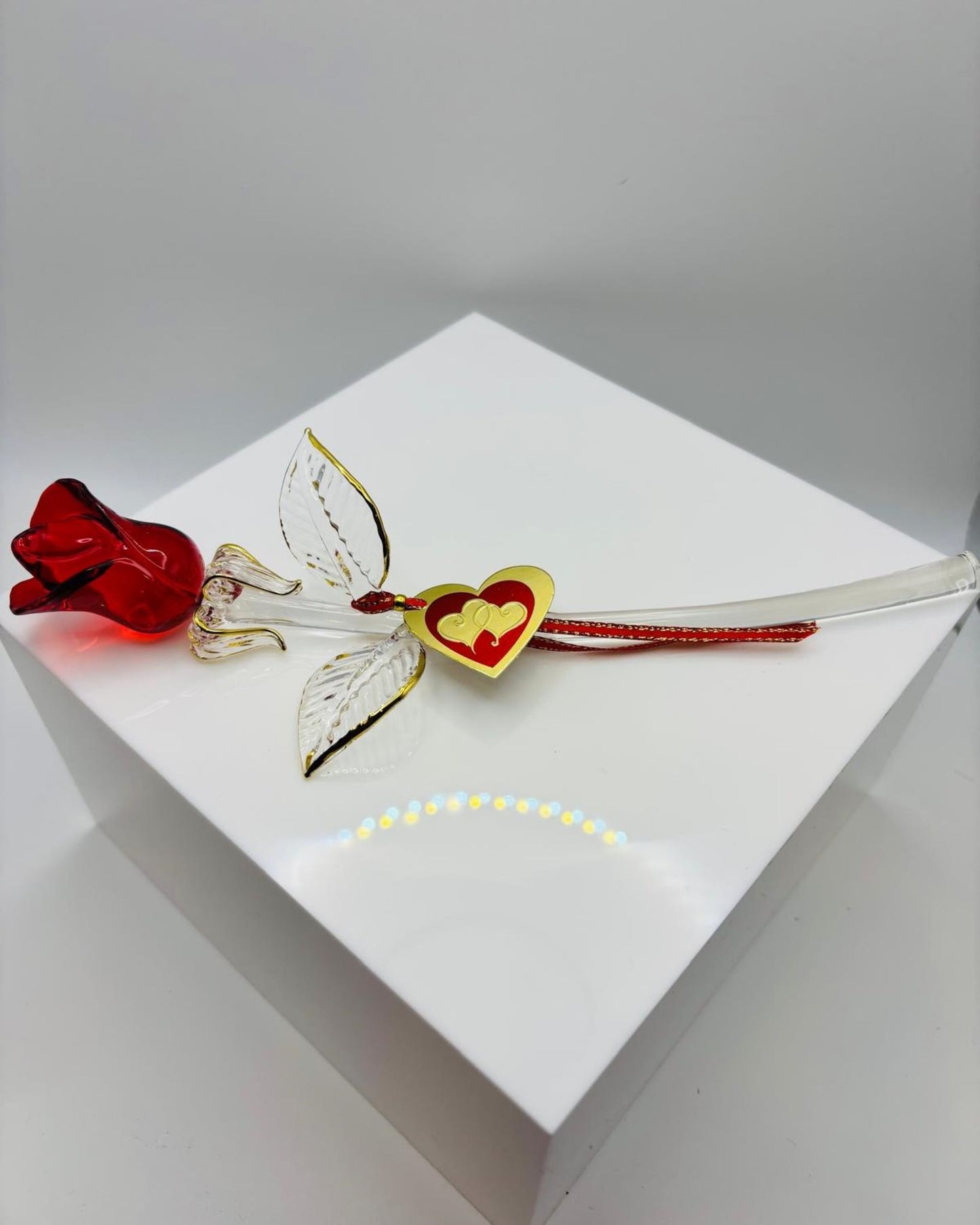 Red Rose of Love Glass Rose Figurine Handcrafted Long Stem Red Rose Gift with Heart Tag