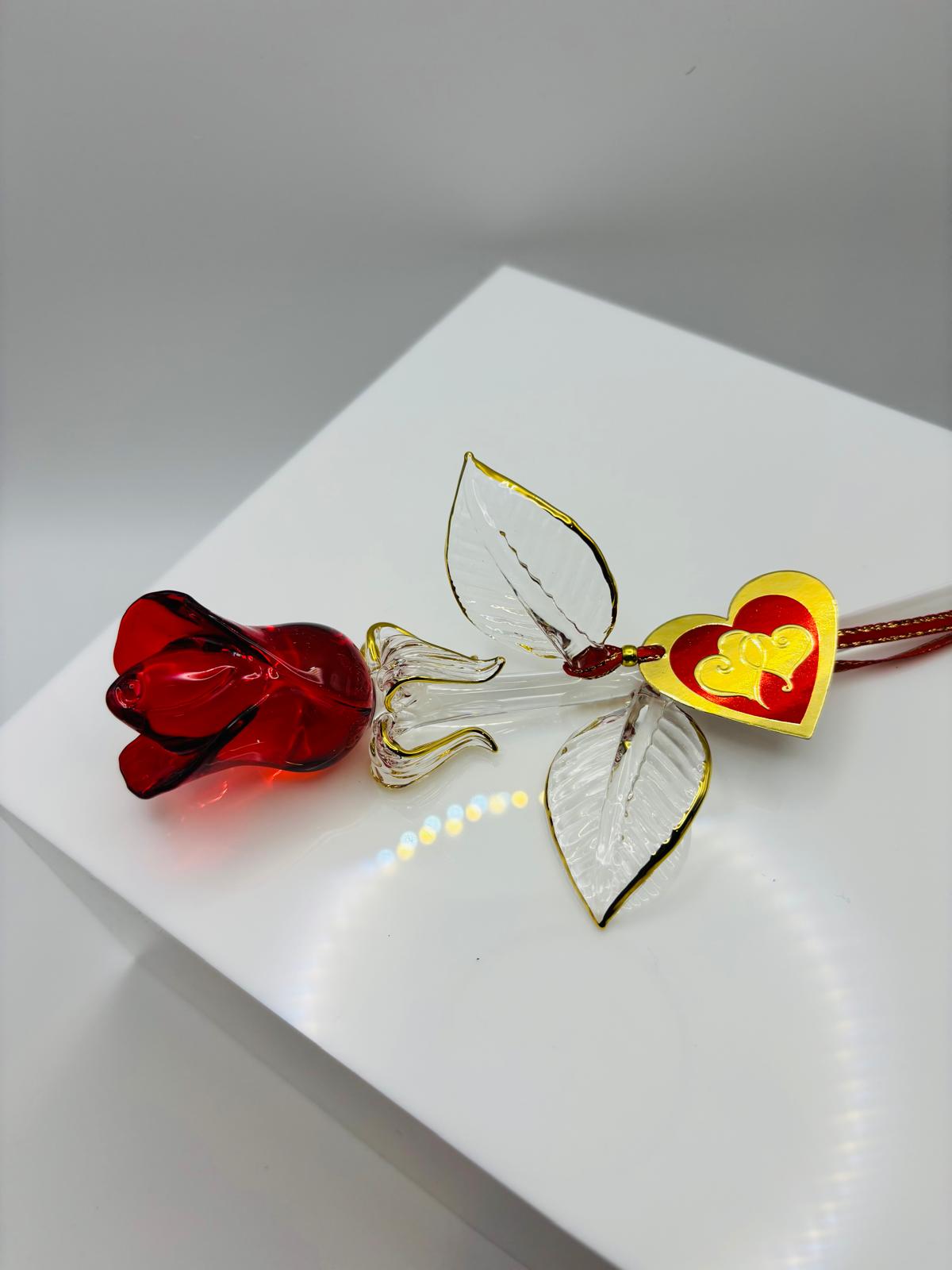 Red Rose of Love Glass Rose Figurine Handcrafted Long Stem Red Rose Gift with Heart Tag