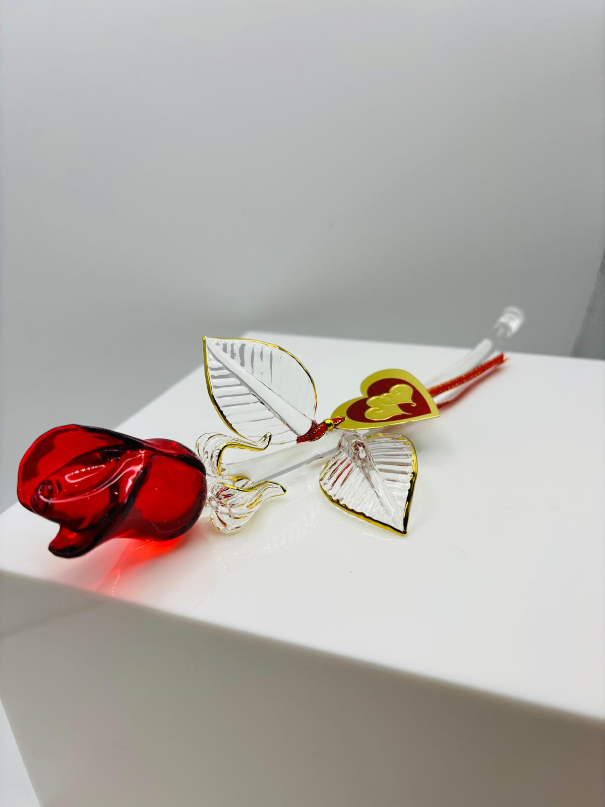 Red Rose of Love Glass Rose Figurine Handcrafted Long Stem Red Rose Gift with Heart Tag