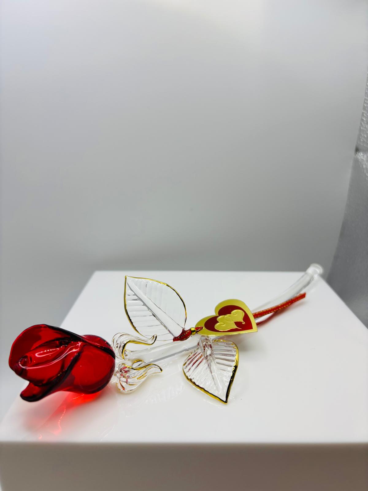 Red Rose of Love Glass Rose Figurine Handcrafted Long Stem Red Rose Gift with Heart Tag
