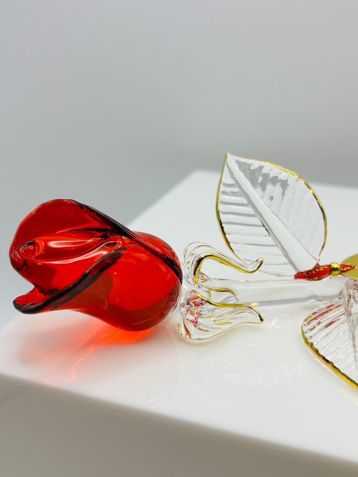 Red Rose of Love Glass Rose Figurine Handcrafted Long Stem Red Rose Gift with Heart Tag