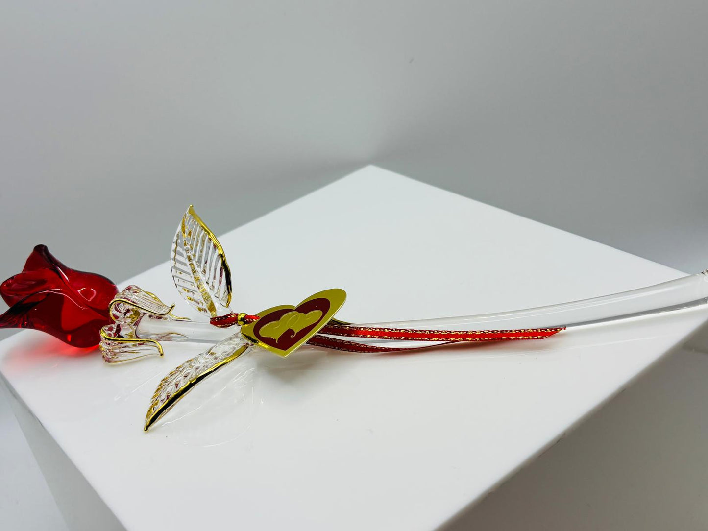 Red Rose of Love Glass Rose Figurine Handcrafted Long Stem Red Rose Gift with Heart Tag