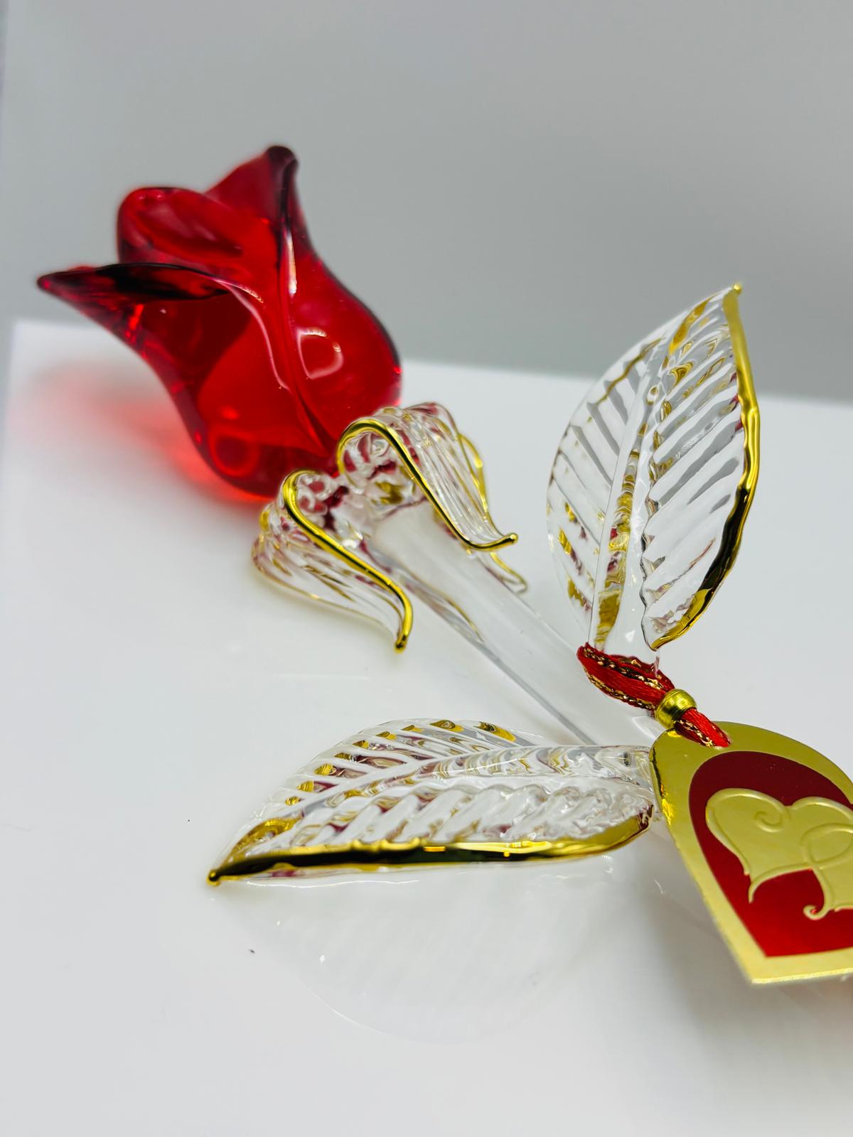 Red Rose of Love Glass Rose Figurine Handcrafted Long Stem Red Rose Gift with Heart Tag
