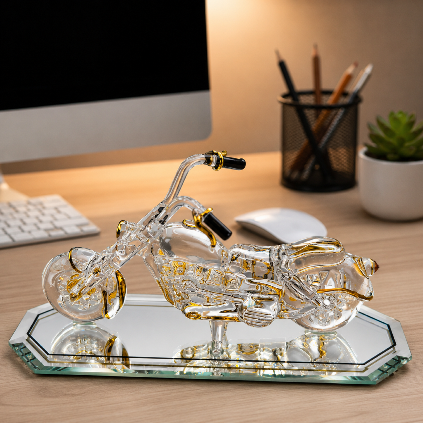 Motorcycle Gift for Men | Glass Motorcycle Figurine Biker Desk Decor