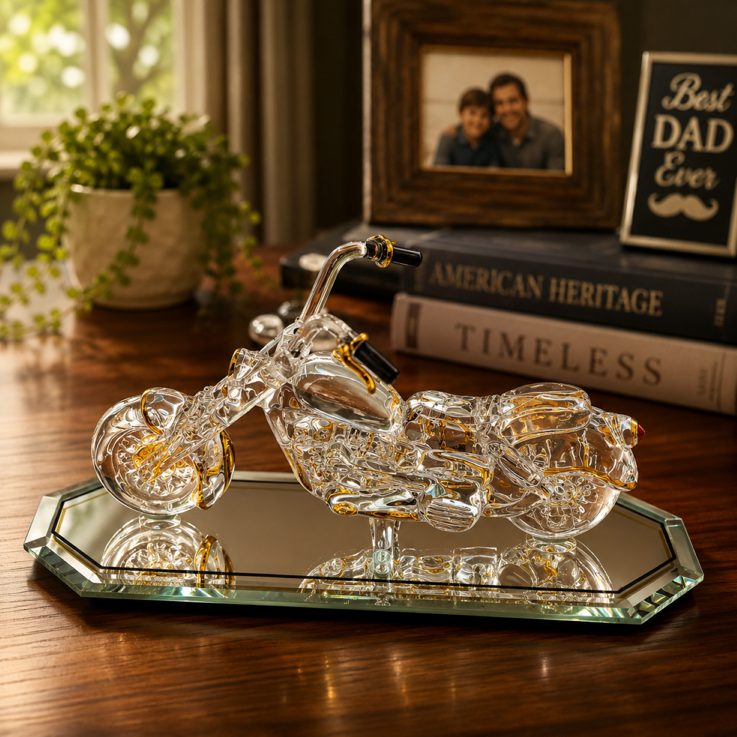 Motorcycle Gift for Men | Glass Motorcycle Figurine Biker Desk Decor