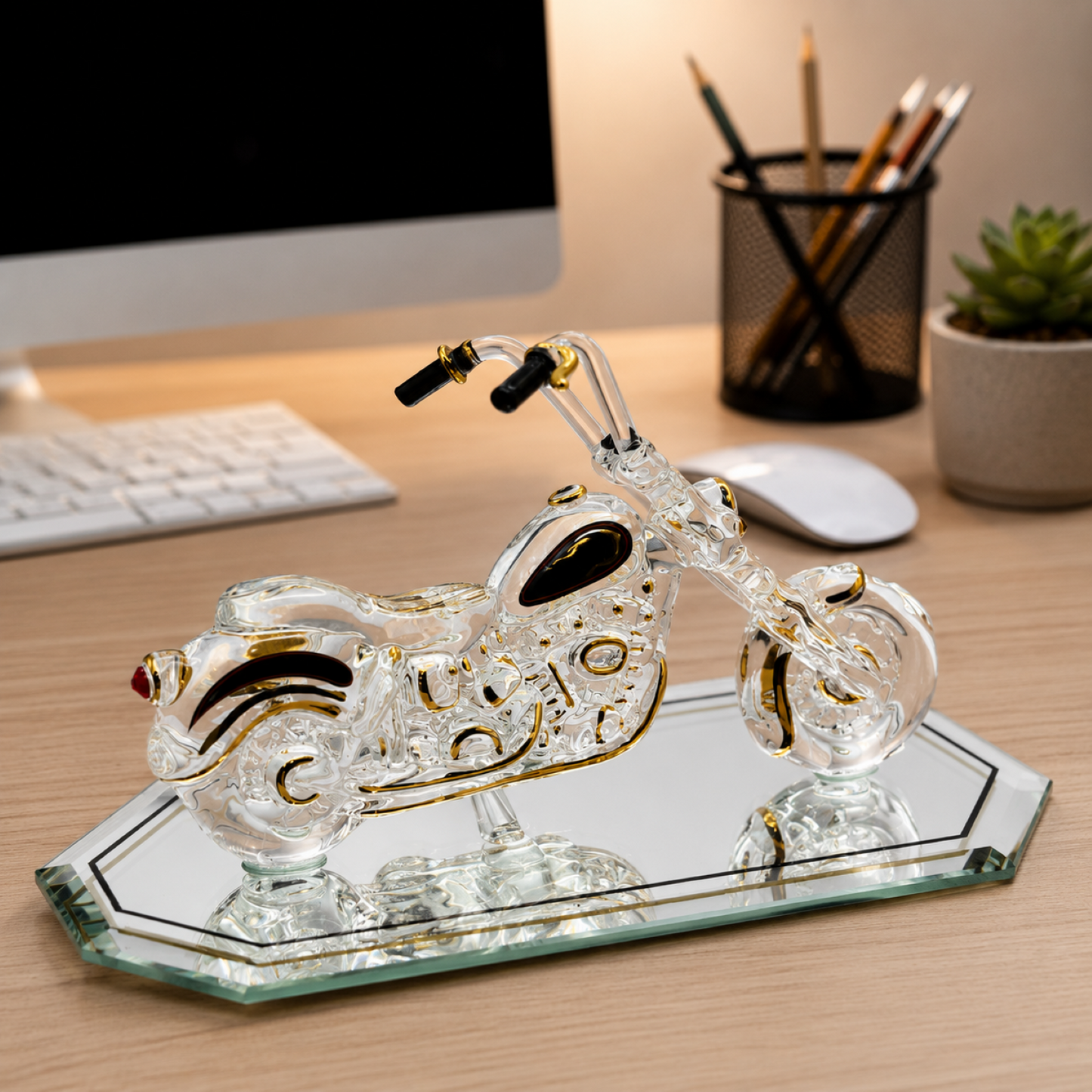 Motorcycle Gift for Men | Glass Motorcycle Figurine Biker Desk Decor