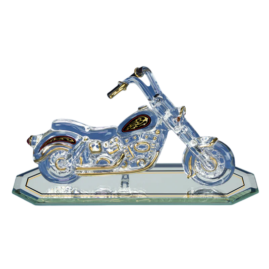 Handcrafted glass motorcycle figurine with crystal and gold accents on beveled mirror base
