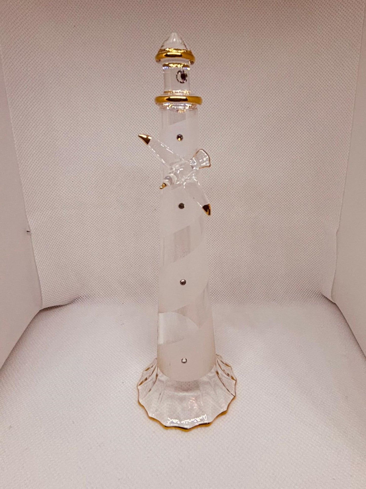 Spiral Lighthouse with Sea Gull, Tall Coastal Figurine with Glass & Crystal