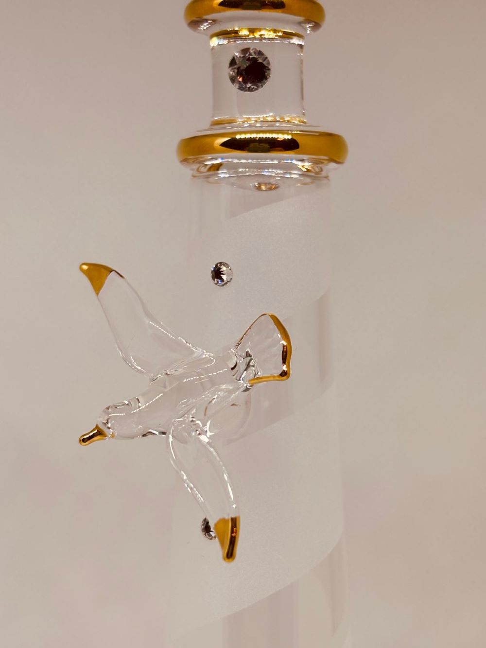 Spiral Lighthouse with Sea Gull, Tall Coastal Figurine with Glass & Crystal