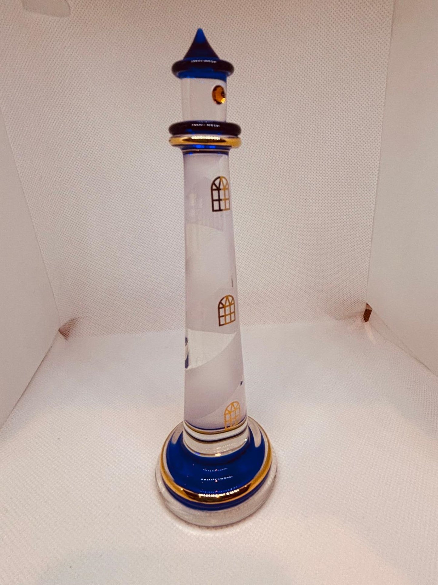 Blue Lighthouse Glass Figurine | Handcrafted Coastal Ocean Decor with Spiral Design
