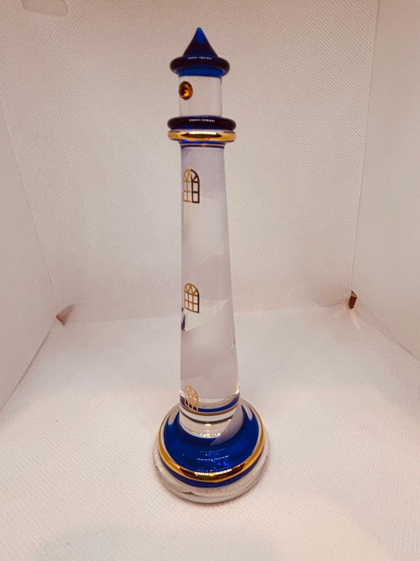 Blue Lighthouse Glass Figurine | Handcrafted Coastal Ocean Decor with Spiral Design