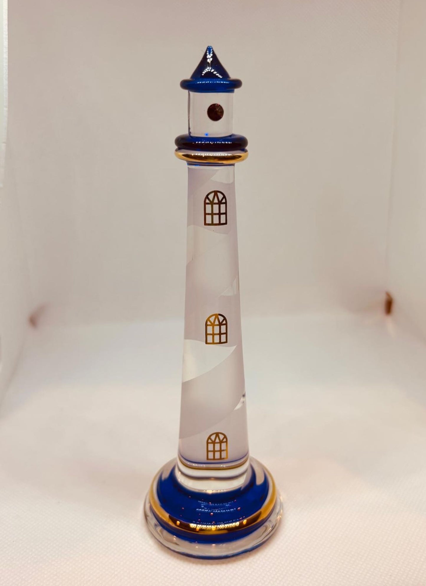 Blue Lighthouse Glass Figurine | Handcrafted Coastal Ocean Decor with Spiral Design